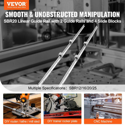 Linear Guide Rail Set, SBR20 1500mm, 2 PCS 59 in/1500 mm SBR20 Guide Rails and 4 PCS SBR20UU Slide Blocks, Linear Rails and Bearings Kit for Automated Machines DIY Project CNC Router Machines.