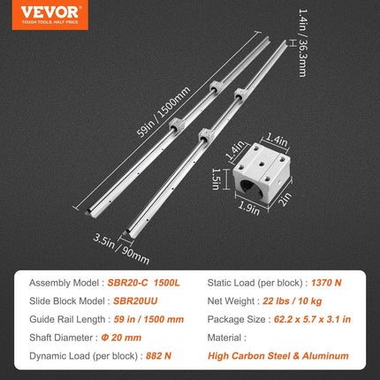 Linear Guide Rail Set, SBR20 1500mm, 2 PCS 59 in/1500 mm SBR20 Guide Rails and 4 PCS SBR20UU Slide Blocks, Linear Rails and Bearings Kit for Automated Machines DIY Project CNC Router Machines.