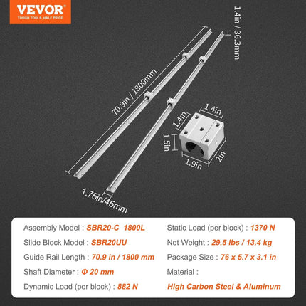 Linear Guide Rail Set, SBR20 1800mm, 2 PCS 70.9 in/1800 mm SBR20 Guide Rails and 4 PCS SBR20UU Slide Blocks, Linear Rails and Bearings Kit for Automated Machines DIY Project CNC Router Machines.