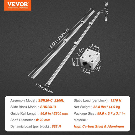 Linear Guide Rail Set, SBR20 2200mm, 2 PCS 86.6 in/2200 mm SBR20 Guide Rails and 4 PCS SBR20UU Slide Blocks, Linear Rails and Bearings Kit for Automated Machines DIY Project CNC Router Machines.
