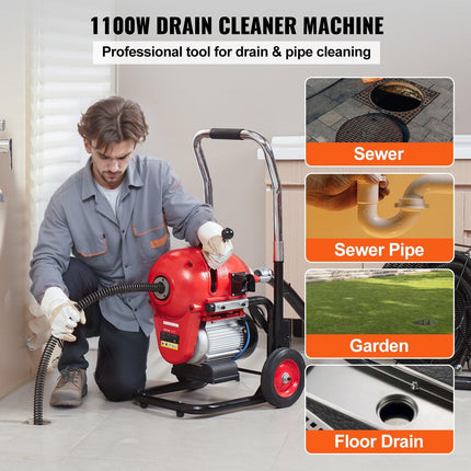 Drain Cleaner Machine 120FT x 6/5" 1100W Sectional Snake Auger Manual Feed.