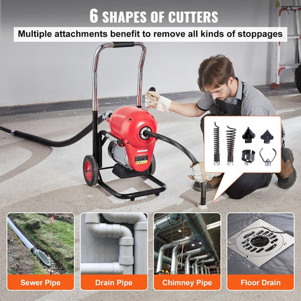 Drain Cleaner Machine 120FT x 6/5" 1100W Sectional Snake Auger Manual Feed.