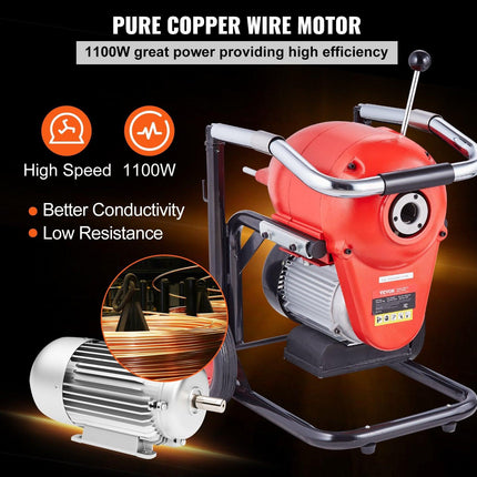 Drain Cleaner Machine 120FT x 6/5" 1100W Sectional Snake Auger Manual Feed.