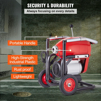 Drain Cleaner Machine 120FT x 6/5" 1100W Sectional Snake Auger Manual Feed.