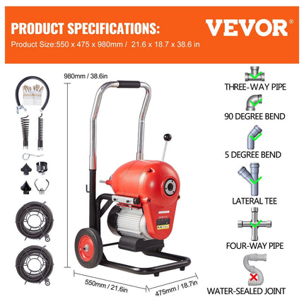 Drain Cleaner Machine 120FT x 6/5" 1100W Sectional Snake Auger Manual Feed.