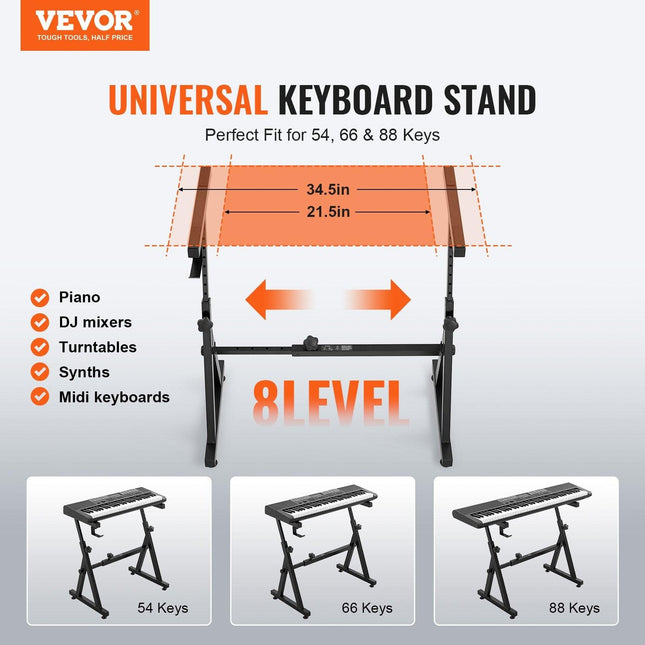 VEVOR Piano Keyboard Stand and Bench Set, Z Style, Heavy-Duty Digital Piano Music Stand and Seat, 250 lbs Capacity with Adjustable Piano Bench Width Height Wheels, Fits for 54-88 Key Electric Pianos.