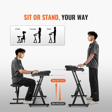VEVOR Piano Keyboard Stand and Bench Set, Z Style, Heavy-Duty Digital Piano Music Stand and Seat, 250 lbs Capacity with Adjustable Piano Bench Width Height Wheels, Fits for 54-88 Key Electric Pianos.