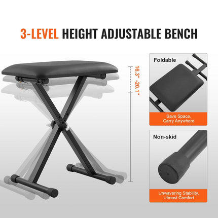 VEVOR Piano Keyboard Stand and Bench Set, Z Style, Heavy-Duty Digital Piano Music Stand and Seat, 250 lbs Capacity with Adjustable Piano Bench Width Height Wheels, Fits for 54-88 Key Electric Pianos.
