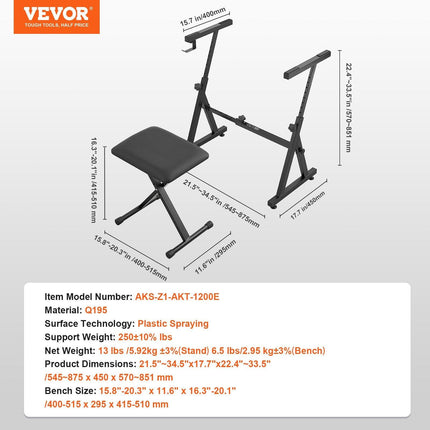 VEVOR Piano Keyboard Stand and Bench Set, Z Style, Heavy-Duty Digital Piano Music Stand and Seat, 250 lbs Capacity with Adjustable Piano Bench Width Height Wheels, Fits for 54-88 Key Electric Pianos.
