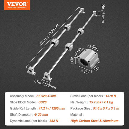 Linear Guide Rail Set, SFC20 1200mm, 2 PCS 47.2 in/1200 mm SFC20 Guide Rails 4 PCS SC20 Slide Blocks 4 PCS Rail Supports, Linear Rails and Bearings Kit for Automated Machines CNC DIY Project.