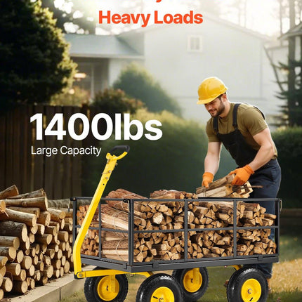 1400 Lbs Steel Garden Cart, Heavy Duty Pullable Garden Wagon Yard Cart, 2 in 1 Outdoor Metal Utility Wagon Yard Trailer with 13" All Terrain Tires, Mesh Removable Sides and 180°Rotating Handle.