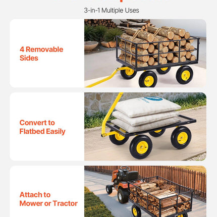1400 Lbs Steel Garden Cart, Heavy Duty Pullable Garden Wagon Yard Cart, 2 in 1 Outdoor Metal Utility Wagon Yard Trailer with 13" All Terrain Tires, Mesh Removable Sides and 180°Rotating Handle.