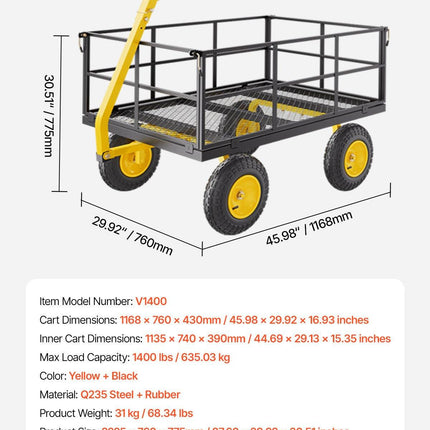 1400 Lbs Steel Garden Cart, Heavy Duty Pullable Garden Wagon Yard Cart, 2 in 1 Outdoor Metal Utility Wagon Yard Trailer with 13" All Terrain Tires, Mesh Removable Sides and 180°Rotating Handle.
