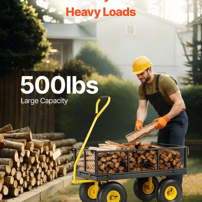 500 Lbs Steel Garden Cart, Heavy Duty Garden Wagon Cart Pullable on Wheels, Metal Yard Utility Wagon Carts with 10" All Terrain Tires, Mesh Removable Sides and 180°Rotating Handle.