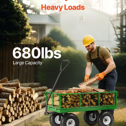 680 Lbs Steel Garden Cart on Wheels, Heavy Duty Garden Wagon Cart Pullable, Metal Outdoor Utility Yard Wagon Carts with 10" Tires, Mesh Removable Sides and 180°Rotating Handle.