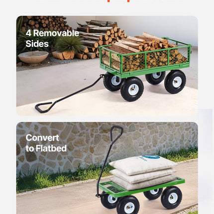 680 Lbs Steel Garden Cart on Wheels, Heavy Duty Garden Wagon Cart Pullable, Metal Outdoor Utility Yard Wagon Carts with 10" Tires, Mesh Removable Sides and 180°Rotating Handle.