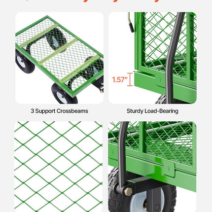 680 Lbs Steel Garden Cart on Wheels, Heavy Duty Garden Wagon Cart Pullable, Metal Outdoor Utility Yard Wagon Carts with 10" Tires, Mesh Removable Sides and 180°Rotating Handle.