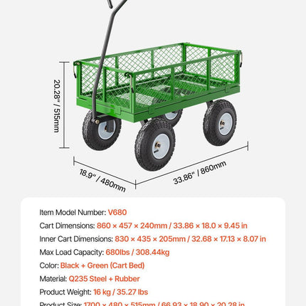 680 Lbs Steel Garden Cart on Wheels, Heavy Duty Garden Wagon Cart Pullable, Metal Outdoor Utility Yard Wagon Carts with 10" Tires, Mesh Removable Sides and 180°Rotating Handle.