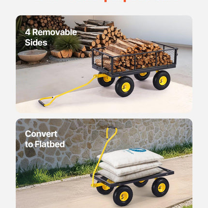 900 Lbs Heavy Duty Steel Garden Cart, Garden Wagon Cart on Wheels, Outdoor Metal Yard Utility Wagon Carts with 10" Tires and Mesh Removable Sides(Convert to Flatbed) and 180°Rotating Handle.