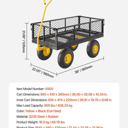 900 Lbs Heavy Duty Steel Garden Cart, Garden Wagon Cart on Wheels, Outdoor Metal Yard Utility Wagon Carts with 10" Tires and Mesh Removable Sides(Convert to Flatbed) and 180°Rotating Handle.