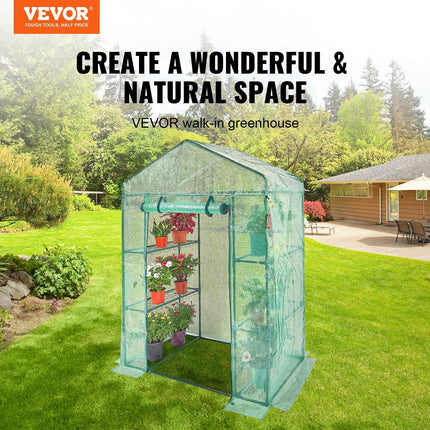 Walk-in Green House, 4.6 x 2.4 x 6.7 ft Greenhouse with Shelves, Set Up in Minutes, High Strength PE Cover with Doors & Windows and Steel Frame, Suitable for Planting and Storage, Green.