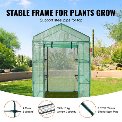Walk-in Green House, 4.6 x 2.4 x 6.7 ft Greenhouse with Shelves, Set Up in Minutes, High Strength PE Cover with Doors & Windows and Steel Frame, Suitable for Planting and Storage, Green.