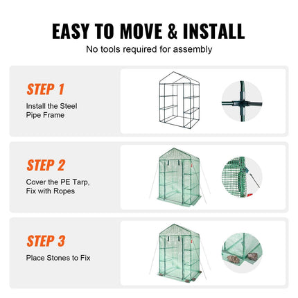 Walk-in Green House, 4.6 x 2.4 x 6.7 ft Greenhouse with Shelves, Set Up in Minutes, High Strength PE Cover with Doors & Windows and Steel Frame, Suitable for Planting and Storage, Green.