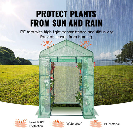 Walk-in Green House, 4.6 x 2.4 x 6.7 ft Greenhouse with Shelves, Set Up in Minutes, High Strength PE Cover with Doors & Windows and Steel Frame, Suitable for Planting and Storage, Green.