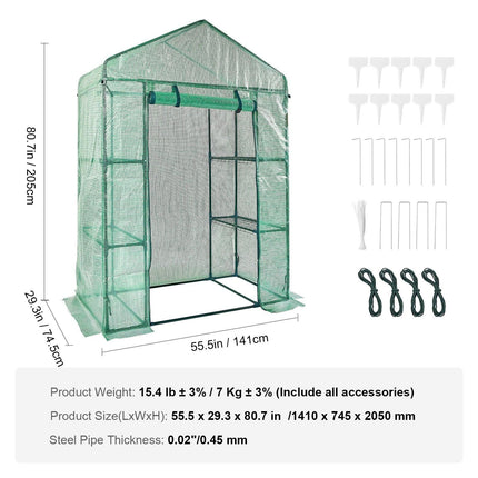 Walk-in Green House, 4.6 x 2.4 x 6.7 ft Greenhouse with Shelves, Set Up in Minutes, High Strength PE Cover with Doors & Windows and Steel Frame, Suitable for Planting and Storage, Green.