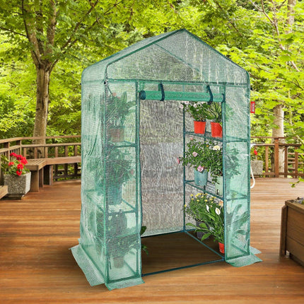 Walk-in Green House, 4.6 x 2.4 x 6.7 ft Greenhouse with Shelves, Set Up in Minutes, High Strength PE Cover with Doors & Windows and Steel Frame, Suitable for Planting and Storage, Green.