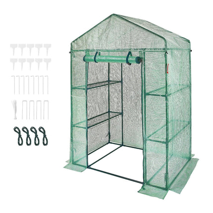 Walk-in Green House, 4.6 x 2.4 x 6.7 ft Greenhouse with Shelves, Set Up in Minutes, High Strength PE Cover with Doors & Windows and Steel Frame, Suitable for Planting and Storage, Green.