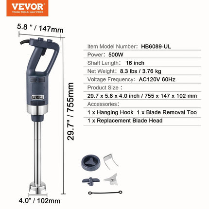 VEVOR Commercial Immersion Blender 500W Heavy Duty Hand Mixer for Soup Sauces.