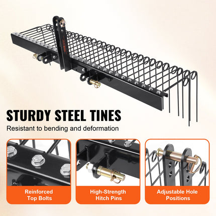 Tow Behind Landscape Rake, 1.8m Tow Dethatcher with 32 Steel Tines, Lawn Dethatcher Rake Attaches to Category 1, 3 Point Hitch for Tractor, for Leaves, Pine Needles, Straw, and Grass.