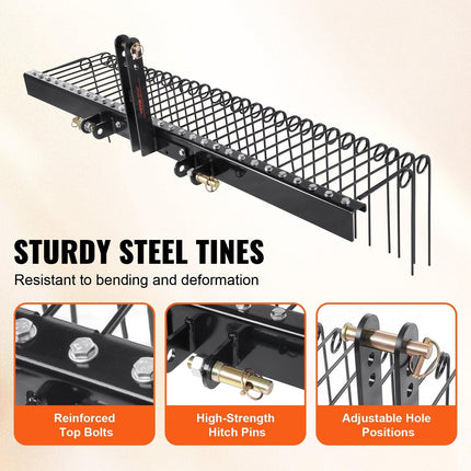 Tow Behind Landscape Rake, 1.8m Tow Dethatcher with 32 Steel Tines, Lawn Dethatcher Rake Attaches to Category 1, 3 Point Hitch for Tractor, for Leaves, Pine Needles, Straw, and Grass.