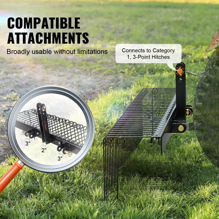 Tow Behind Landscape Rake, 1.8m Tow Dethatcher with 32 Steel Tines, Lawn Dethatcher Rake Attaches to Category 1, 3 Point Hitch for Tractor, for Leaves, Pine Needles, Straw, and Grass.