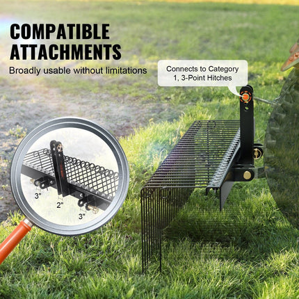 Tow Behind Landscape Rake, 1.8m Tow Dethatcher with 32 Steel Tines, Lawn Dethatcher Rake Attaches to Category 1, 3 Point Hitch for Tractor, for Leaves, Pine Needles, Straw, and Grass.