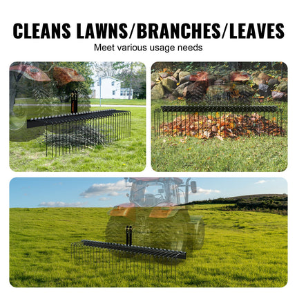 Tow Behind Landscape Rake, 1.8m Tow Dethatcher with 32 Steel Tines, Lawn Dethatcher Rake Attaches to Category 1, 3 Point Hitch for Tractor, for Leaves, Pine Needles, Straw, and Grass.