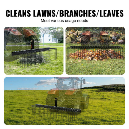 Tow Behind Landscape Rake, 1.8m Tow Dethatcher with 32 Steel Tines, Lawn Dethatcher Rake Attaches to Category 1, 3 Point Hitch for Tractor, for Leaves, Pine Needles, Straw, and Grass.