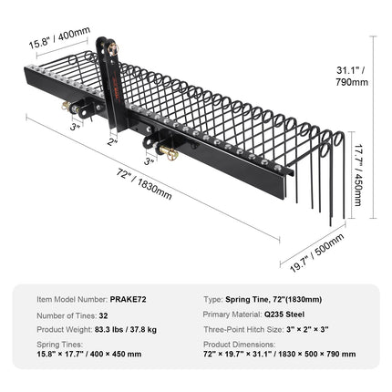 Tow Behind Landscape Rake, 1.8m Tow Dethatcher with 32 Steel Tines, Lawn Dethatcher Rake Attaches to Category 1, 3 Point Hitch for Tractor, for Leaves, Pine Needles, Straw, and Grass.
