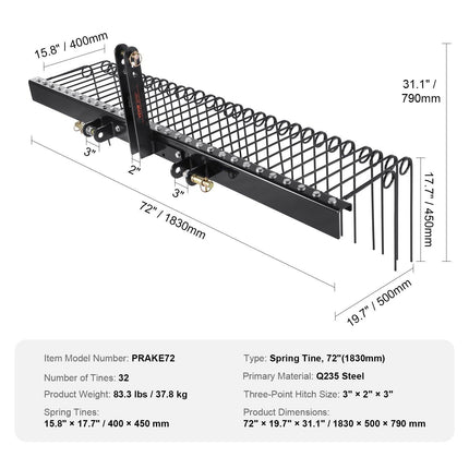 Tow Behind Landscape Rake, 1.8m Tow Dethatcher with 32 Steel Tines, Lawn Dethatcher Rake Attaches to Category 1, 3 Point Hitch for Tractor, for Leaves, Pine Needles, Straw, and Grass.