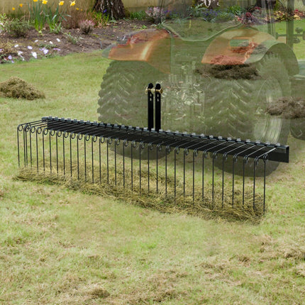 Tow Behind Landscape Rake, 1.8m Tow Dethatcher with 32 Steel Tines, Lawn Dethatcher Rake Attaches to Category 1, 3 Point Hitch for Tractor, for Leaves, Pine Needles, Straw, and Grass.