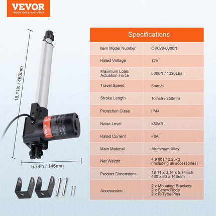 Linear Actuator 12V, 10 Inch Heavy Duty 1320lbs/6000N Linear Actuator, 0.19"/s Linear Motion Actuator with Mounting Bracket & IP44 Protection for Electric Door Industrial Machinery Vessels Cargo.