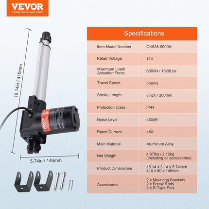 Linear Actuator 12V, 8 Inch Heavy Duty 1320lbs/6000N Linear Actuator, 0.19"/s Linear Motion Actuator with Mounting Bracket & IP44 Protection for Electric Door Industrial Machinery Vessels Cargo.