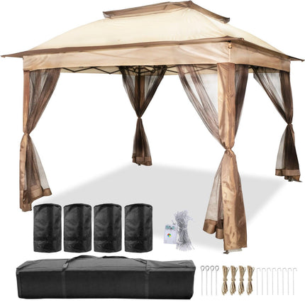 Outdoor Canopy Gazebo Tent, Portable Canopy Shelter with 11\'x11\' Large Shade Space for Party, Backyard, Patio Lawn and Garden, 4 Sandbags, Carrying Bag and Netting Included, Brown.