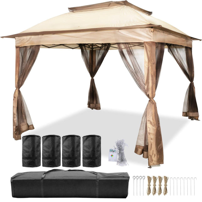 Outdoor Canopy Gazebo Tent, Portable Canopy Shelter with 11\'x11\' Large Shade Space for Party, Backyard, Patio Lawn and Garden, 4 Sandbags, Carrying Bag and Netting Included, Brown.