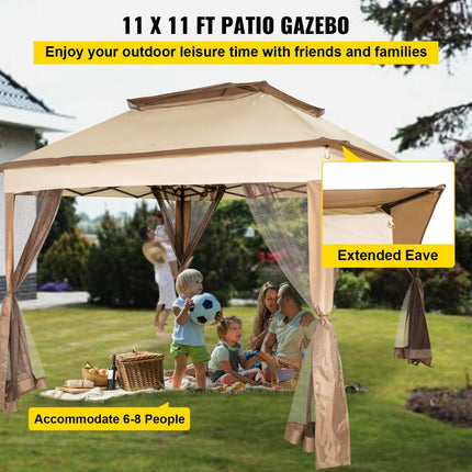Outdoor Canopy Gazebo Tent, Portable Canopy Shelter with 11\'x11\' Large Shade Space for Party, Backyard, Patio Lawn and Garden, 4 Sandbags, Carrying Bag and Netting Included, Brown.