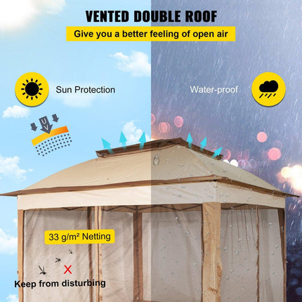 Outdoor Canopy Gazebo Tent, Portable Canopy Shelter with 11\'x11\' Large Shade Space for Party, Backyard, Patio Lawn and Garden, 4 Sandbags, Carrying Bag and Netting Included, Brown.