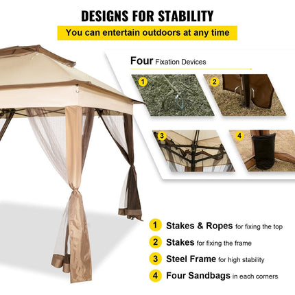 Outdoor Canopy Gazebo Tent, Portable Canopy Shelter with 11\'x11\' Large Shade Space for Party, Backyard, Patio Lawn and Garden, 4 Sandbags, Carrying Bag and Netting Included, Brown.