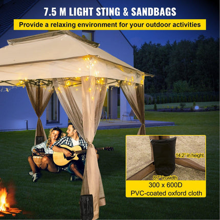 Outdoor Canopy Gazebo Tent, Portable Canopy Shelter with 11\'x11\' Large Shade Space for Party, Backyard, Patio Lawn and Garden, 4 Sandbags, Carrying Bag and Netting Included, Brown.