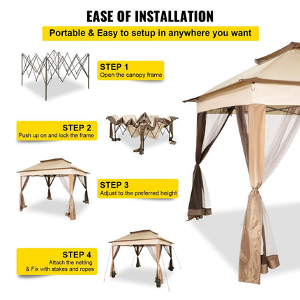 Outdoor Canopy Gazebo Tent, Portable Canopy Shelter with 11\'x11\' Large Shade Space for Party, Backyard, Patio Lawn and Garden, 4 Sandbags, Carrying Bag and Netting Included, Brown.